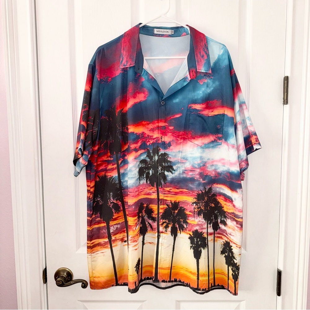 Misslook mens palm tree sunset design casual button down collared shirt, XXL